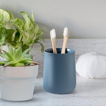 Matte Blue Toothbrush and Toothpaste Holder and Cup for Bathroom Vanity and Countertop, Round Organizer for Electric Toothbrushes, Floss, Razors, Cotton, and Mouthwash