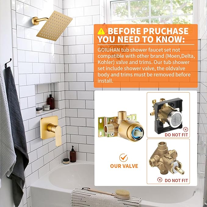 Brushed Gold Shower Faucet Single Function Trim Kit with Rough-in Valve Set Bath Rainfall Shower System 8inch Square Stainless Steel Metal Shower Head