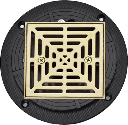 RANDOM Brushed Gold Shower Drain 4 inch Square Shower Drain with Adjustable PVC Base Flange,SUS304 Stainless Steel Shower Floor Drain with Removable Cover Grid Grate