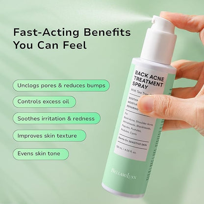 Back and Body Acne Treatment Spray: 2% Salicylic Acid & Tea Tree Oil Bacne Spray for Clear, Soothe & Moisturize - Effective for Men, Women, Teens with Back, Shoulder, Arm, and Chest Acne
