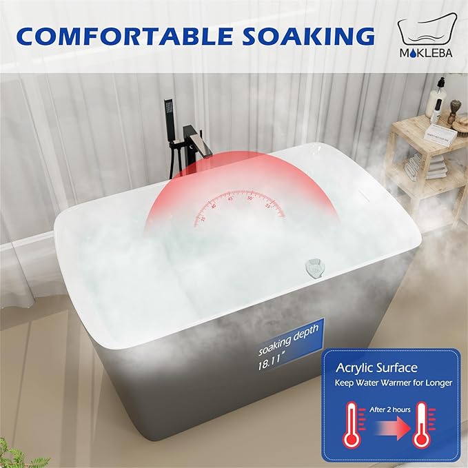 47" Lucite Acrylic Freestanding Bathtub，Square Shape Janpanese Soaking Tub with Seat Desgin,Toe-tap Chrome Right Drain, Slotted Overflow, cUPC Certified, 37° Gray
