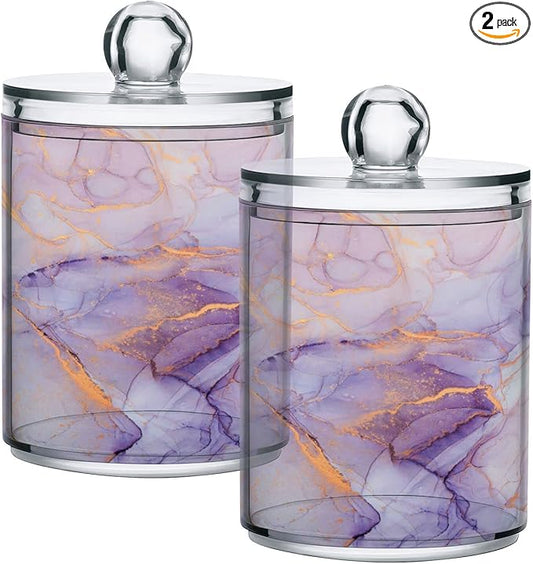 2 Pack Qtip Holder Organizer Dispenser Purple Transparent Waves Marble Bathroom Storage Canister Cotton Ball Holder Bathroom Containers for Cotton Swabs/Pads/Floss