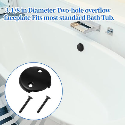Black Tub Overflow Cover, 3-1/8" Universal Two-Hole Tub Bathtub Drain Cover Two Hole Bathtub Overflow Drain Covers Plate with Two Matching Screws Stainless Steel 2 Hole Bathtubs Covers Faceplate
