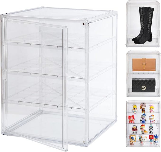 3X-Large 4 Tiers 17.7"X13"X13" Acrylic Display Case with 3 Division Boards, Clear Organizer Box Plastic Holder with Magnetic Door for Handbags, Purses, Boots, Figures, Book