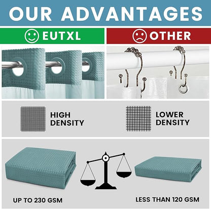 Teal No Hook Shower Curtain with Snap in Liner,230GSM Waffle Weave Shower Curtains for Bathroom,71W x 74H