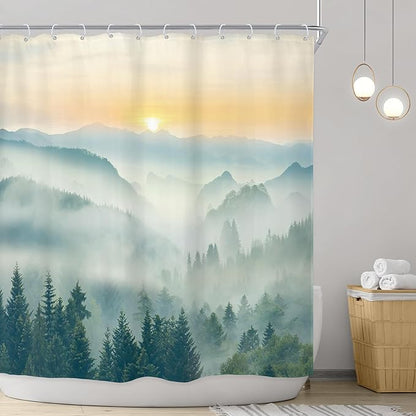 Riyidecor Extra Long Mountain Shower Curtain 72Wx78H Inch Green Yellow Sunset Sunrise Misty Scenery Landscape Nature Woodland Greenery View Bathroom Decor Fabric Polyester Waterproof 12 Pack Hooks