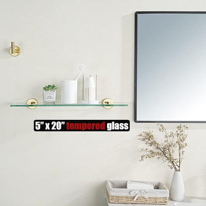 JQK Bathroom Glass Shelf Gold, Tempered Glass Shower Storage 20 by 5 inches, 304 Stainless Steel Brushed Gold Wall Mount, TGS101L20-BG