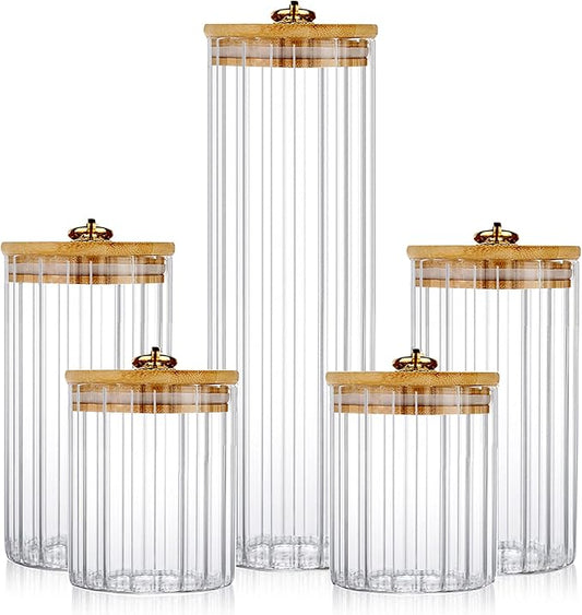 FANTESTICRYAN Glass Storage Jars Set of 5, Decorative Coffee Bar Container with Airtight Bamboo Lid Metal Ring for Home Kitchen Storing Candy, Cookie, Pasta, Nuts, Oatmeal and Bathroom Salt