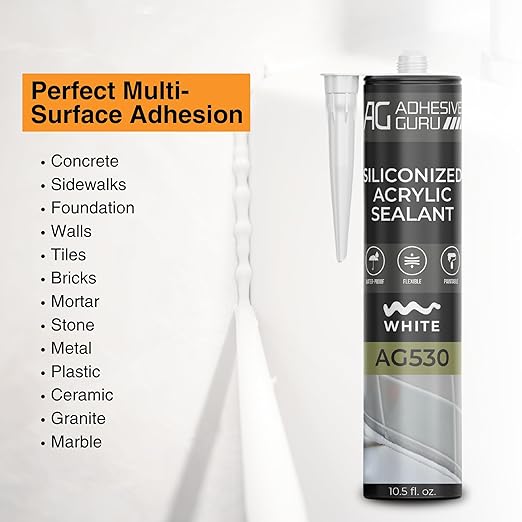 Adhesive Guru AG530 Siliconized Acrylic Sealant (24x10.5 fl oz), Waterproof Paintable Caulk for Bathtubs, Windows, Showers, Indoor Outdoor Caulking Weatherproof, White - 24 Pack