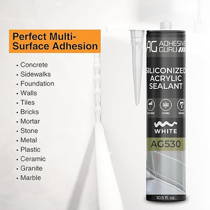 Adhesive Guru AG530 Siliconized Acrylic Sealant (24x10.5 fl oz), Waterproof Paintable Caulk for Bathtubs, Windows, Showers, Indoor Outdoor Caulking Weatherproof, White - 24 Pack
