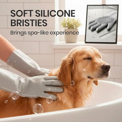 DELOMO Dog Washing Gloves with Comb: Soft and Gentle Silicone Pet Grooming Gloves - Bathing Scrubber Brush Mitt Grooming Shedding Fur Removal Massage for Dogs/Cats/Horse, Grey
