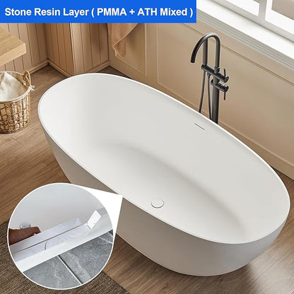 Cpingao 71" Stone Resin Freestanding Bathtub, Contemporary Oval Stand Alone Soaking Tubs, Solid Surface Bathtub with Drain & Integrated Slotted Overflow Matte White 8845-1800