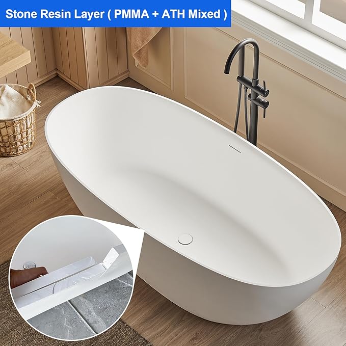 Cpingao 59" Stone Resin Freestanding Bathtub, Elegant Oval Shape Soaking Tub, Solid Surface Stand Alone Bathtub with Drain & Integrated Slotted Overflow Matte White 8845-1500