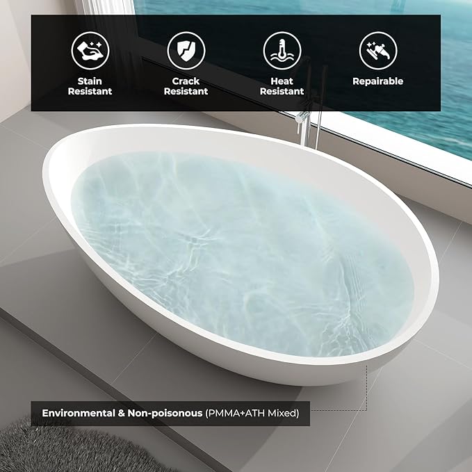 Premium Upgraded 63" Solid Surface Freestanding Bathtub, Unique Oval Stone Resin Tub with Overflow and Pop-up Drain, Matte White
