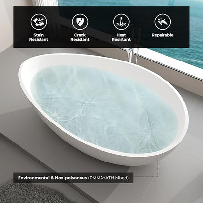Premium Upgraded 63" Solid Surface Freestanding Bathtub, Unique Oval Stone Resin Tub with Overflow and Pop-up Drain, Matte White