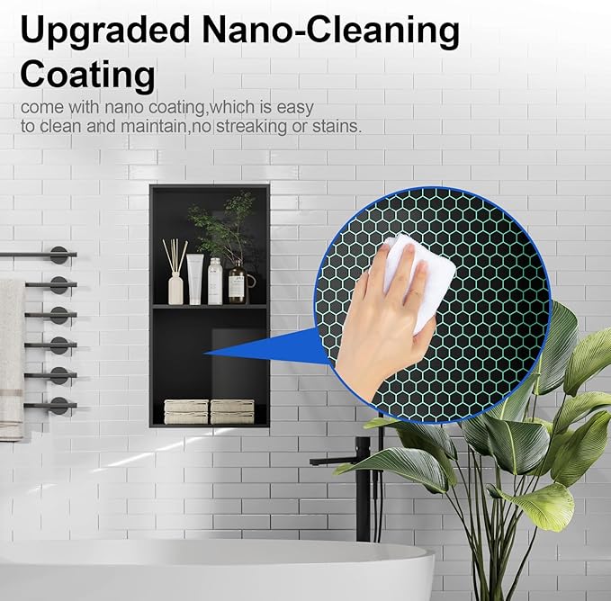 Bathbliss Shower Niche, No‑Tile Recessed Wall Niche, 11.18"x22.3" SUS304 Stainless Steel Double Shelf, Leak‑Proof Waterproof for Bathroom Storage, Matte Black