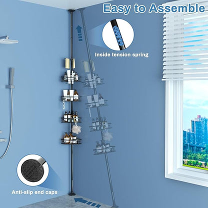 Rustproof Corner Shower Caddy Freestanding Tension Pole, 4 Large Baskets for Bathtub Shampoo Storage Organizer Bathroom Height Adjustable Shelves from 23.6 to 114.5 Inch with Towel Bar