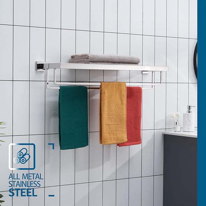 KOKOSIRI 32'' Bathroom Towel Shelf Chrome Towel Rack with Two Bath Towel Bars SUS304 Stainless Steel Wall Mounted, Polished Finish B6003CH-L32