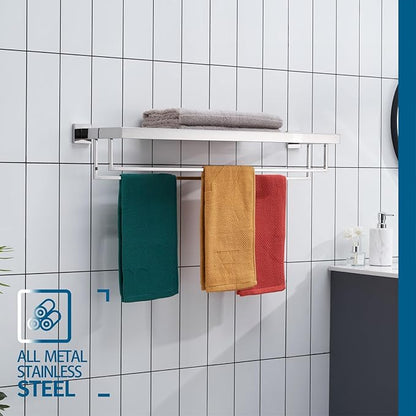 KOKOSIRI 32'' Bathroom Towel Shelf Chrome Towel Rack with Two Bath Towel Bars SUS304 Stainless Steel Wall Mounted, Polished Finish B6003CH-L32