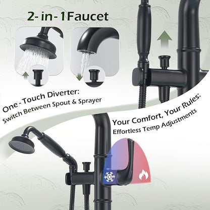 Luxury Free Standing Tub Faucet, Classic Brass Freestanding Bathtub Faucet, Lexdale Bathroom Floor Mount Tub Filler with handheld Sprayer Supply Lines Included Matte Black (LD8911-BK)