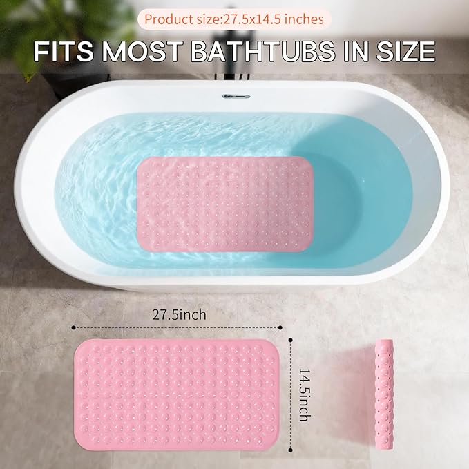 Anti-Slip Bathtub Shower mat, 27.5×14.5（Approximately 70×37cm） inch Soft Oversized Machine Washable Non-Slip Bathtub mat with Drainage Holes, Bathroom Floor Suction Cup.（1-Opaque Pink）