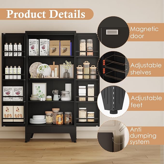 48" H Metal Kitchen Pantry Storage Cabinet, Freestanding Cupboard Storage Cabinet with Doors and Adjustable Shelves, Large Stand Up Food Cupboard for Living Room, Dinning Room, Black