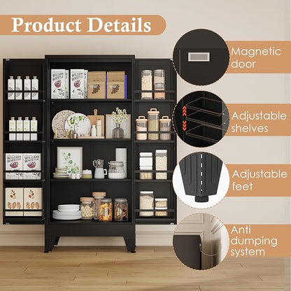 48" H Metal Kitchen Pantry Storage Cabinet, Freestanding Cupboard Storage Cabinet with Doors and Adjustable Shelves, Large Stand Up Food Cupboard for Living Room, Dinning Room, Black