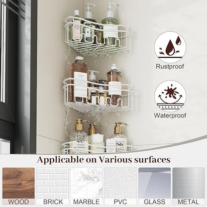 White Shower Caddy Corner, 3-Pack Adhesive Shower Shelves for Inside Shower, Rustproof Bathroom Organizer Corner with Built-in Hooks, No Drilling Bathroom Storage for Bath Accessories