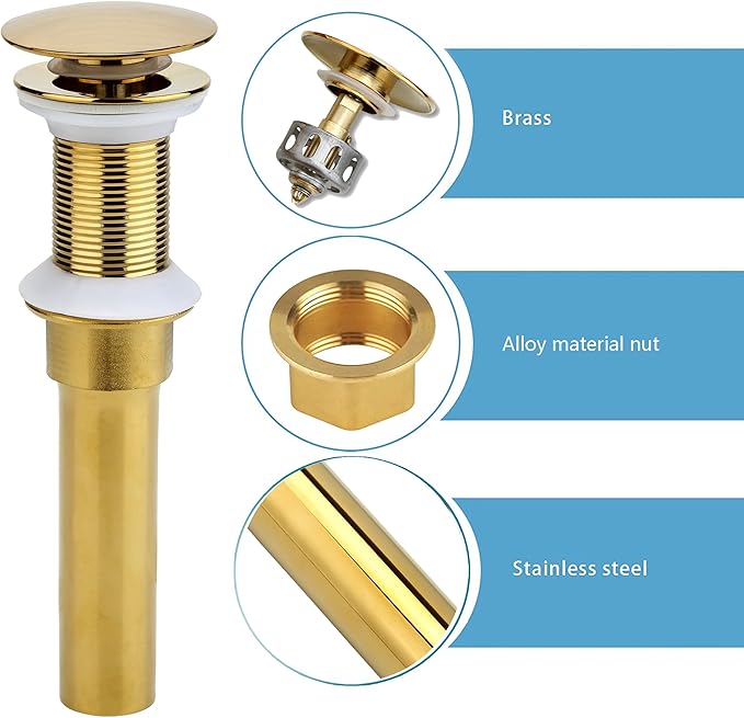 Bathroom Sink Drain, 2 Pack Gold Drain Stopper Bathroom Sink Without Overflow, Pop Up Drain Assembly with Detachable Strainer Basket, Built-in Anti-Clogging Strainer,Stainless Steel