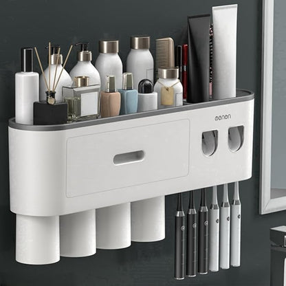 No-Drill Wall Mounted Toothbrush Holder, Bathroom Shelf, with Automatic Toothpaste Dispensers 6 Brush Hooks Magnetic Cups 1 Cosmetic Drawer Organizer and Large Storage (2 Dispensers 4 Cups)