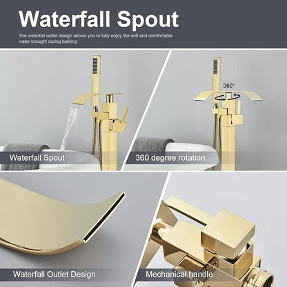 Senlesen Bathroom Tub Filler Faucet Floor Mounted Bathtub Shower Faucet Waterfall Spout Free Standing Tub Mixer Tap with Handheld Sprayer Gold Polished