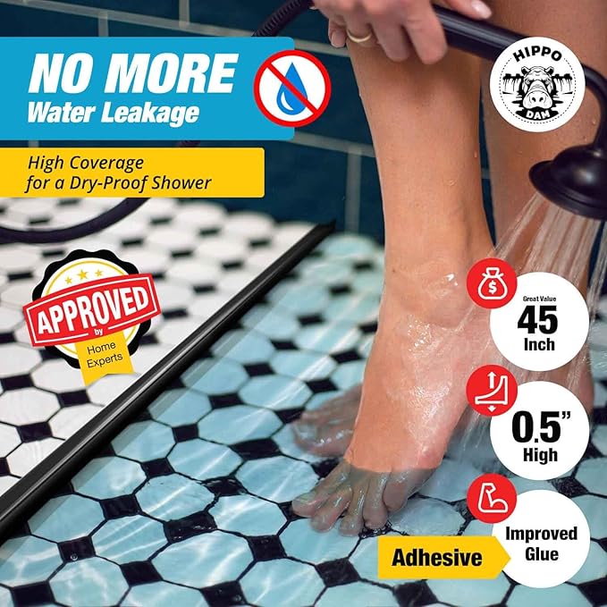 Shower Threshold Water Dam Barrier 45" - Black Collapsible Shower Water Blocker - Guard for Walk in Shower - Water Guard Stopper for Floor - Shower Door Water Blocker by Hippo Dam
