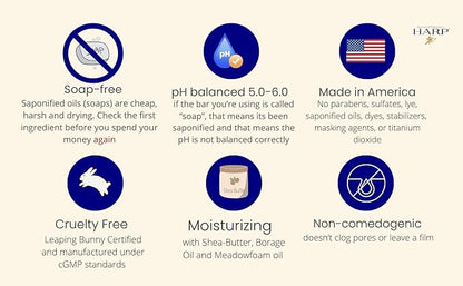 HARP pH-Balanced (5.0-6.0) Body Wash Bar. 100% Syndet. Protects Moisture Barrier For Sensitive, Dry or Irritated skin. + Shea Butter/Borage Oil. Non-Comedogenic. FRESH SPORT FRAGRANCE