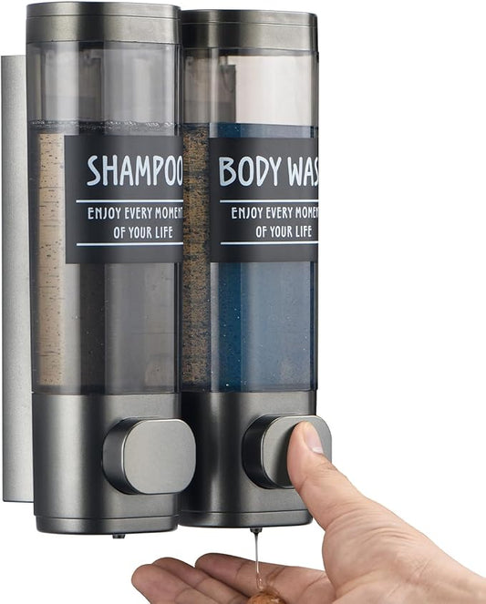 Shampoo and Conditioner Dispenser,GlintGath Shower Dispenser 2 Chamber No Drill Shampoo Dispenser for Shower Wall Mounted Shower Soap Dispenser for Bathroom Hotel,2 * 300ML,Gun Gray