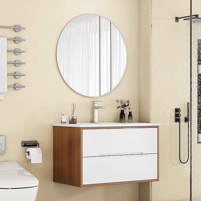 32" Wall Mounted Bathroom Vanity with Sink, Modern Floating Cabinet, Two-Tone Walnut & White Finish, 2 Soft Close Drawers, Handleless Design, Integrated Ceramic Top