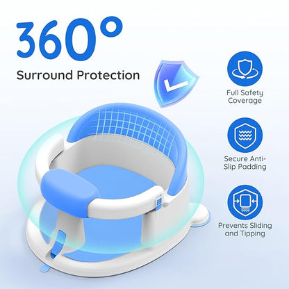 Baby Bath Seat Baby Bathtub - with Strong Suction Cups and 360° Surround Support – Easy Release, Non-Slip Cushion, Lockable Armrests – Infant Bath Chair for Babies 6-24 Months, Blue