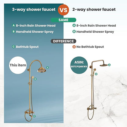 gotonovo Bathroom Classic Exposed Shower Faucet Wall Mount Shower System 8 Inch Luxurious Rainfall Shower Head Set with Tub Spout and Handheld Spray Double Cross Handles Antique Brass