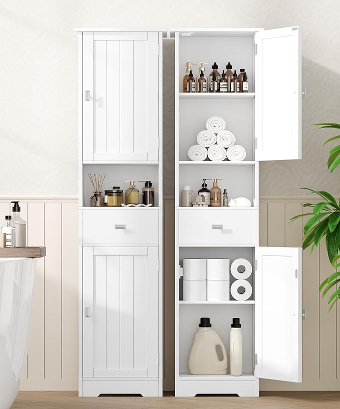 Akxoml Tall Bathroom Storage Cabinet with 2 Doors, 67" H Narrow Floor Cabinet with Adjustable Shelves and Drawer, Anti-Tip Design, 11.8 x 12.6 x 66.9 Inches, for Bathroom, Kitchen，Entryway, White