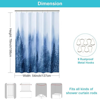 ORTIGIA 54x78 Misty Forest Stall Shower Curtain for Small Bathroom, Blue Narrow Nature Woodland Shower Curtain Set with Hooks, Waterproof Fabric Pine Tree Fog Magic Home Bath Curtain