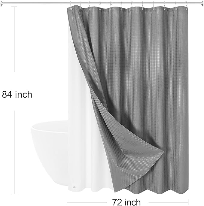 3 in 1 Extra Long Shower Curtain Set-72 W x 84 H, Grey Waffle and PEVA Liner Set with 12 Stainless Steel Hooks, Waterproof Fabric for Bathroom