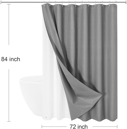 3 in 1 Extra Long Shower Curtain Set-72 W x 84 H, Grey Waffle and PEVA Liner Set with 12 Stainless Steel Hooks, Waterproof Fabric for Bathroom