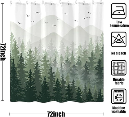 Aipon Green Misty Forest Shower Curtain Ombre Nature Tree Plants Shower Curtains Fabric Waterproof Mountain Shower Curtain Sets for Bathroom Bath Decor with 12 Hooks (Green, 72'' × 72'')