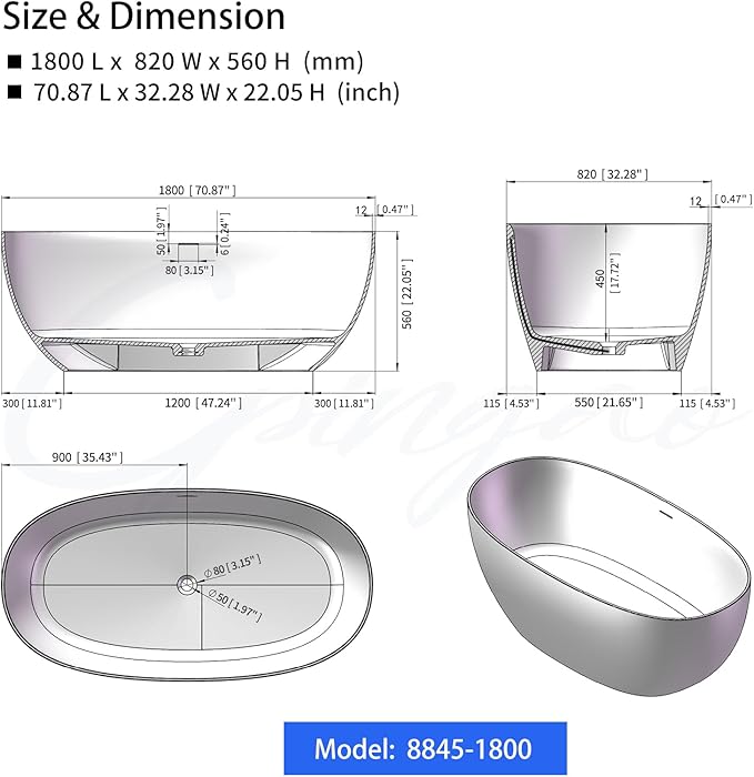 Cpingao 71" Stone Resin Freestanding Bathtub, Contemporary Oval Stand Alone Soaking Tubs, Solid Surface Bathtub with Drain & Integrated Slotted Overflow Matte White 8845-1800