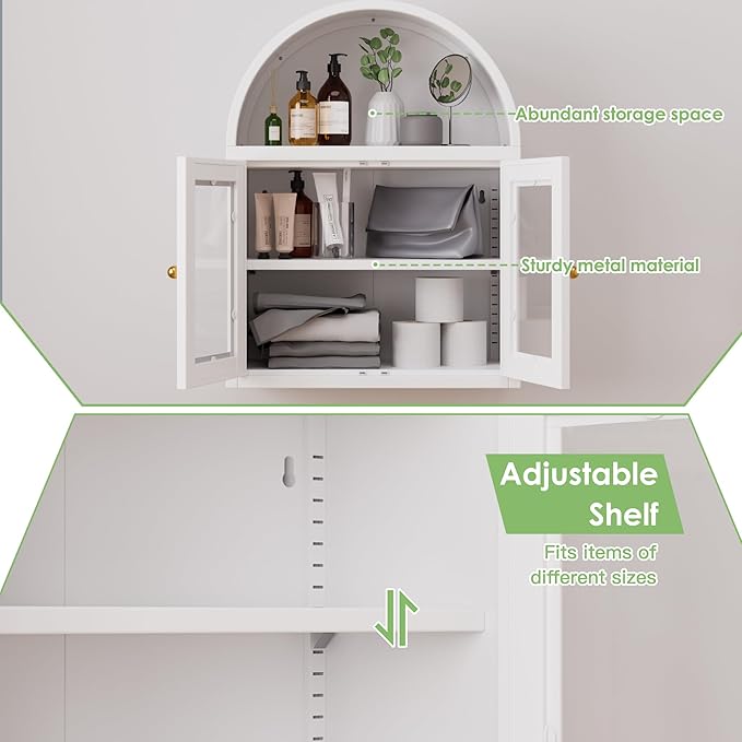 Metal Arched Wall Cabinet,Bathroom Wall Mounted Cupboard,Modern Arched Storage Cabinet with Glass Door and Adjustable Shelf,Space Saver Wall Cabinet,Requires Assembly(White)