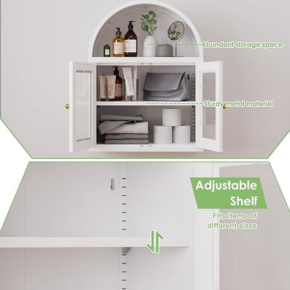 Metal Arched Wall Cabinet,Bathroom Wall Mounted Cupboard,Modern Arched Storage Cabinet with Glass Door and Adjustable Shelf,Space Saver Wall Cabinet,Requires Assembly(White)