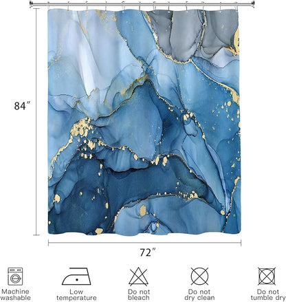 Extra Long Shower Curtain 72 x 84 Inch, Blue Tall Abstract Marble Shower Curtains for Bathroom, Modern Luxury Art Decor Ink Texture Fabric Shower Curtain Set with Hooks