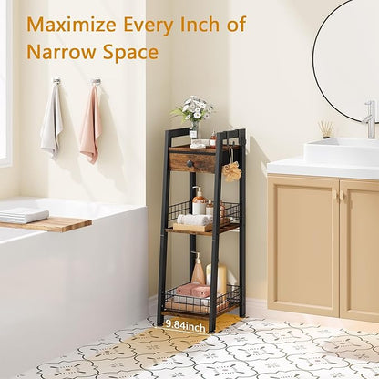 3-Tier Narrow Ladder Shelf with Drawer, Bathroom Floor Storage Shelf, Freestanding Tower Shelf Ladder Bookshelf Brown