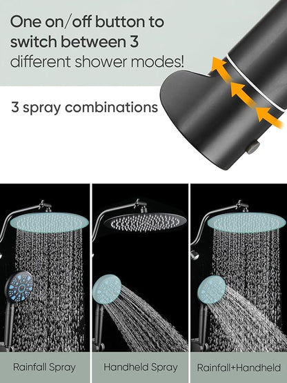 Cobbe 12 Inch All Metal Rain Shower Head, Dual Shower Heads with Handheld Spray Combo - Upgrade Extension Arm Height Adjustable - 9 Spray Filtered Shower Head, Black