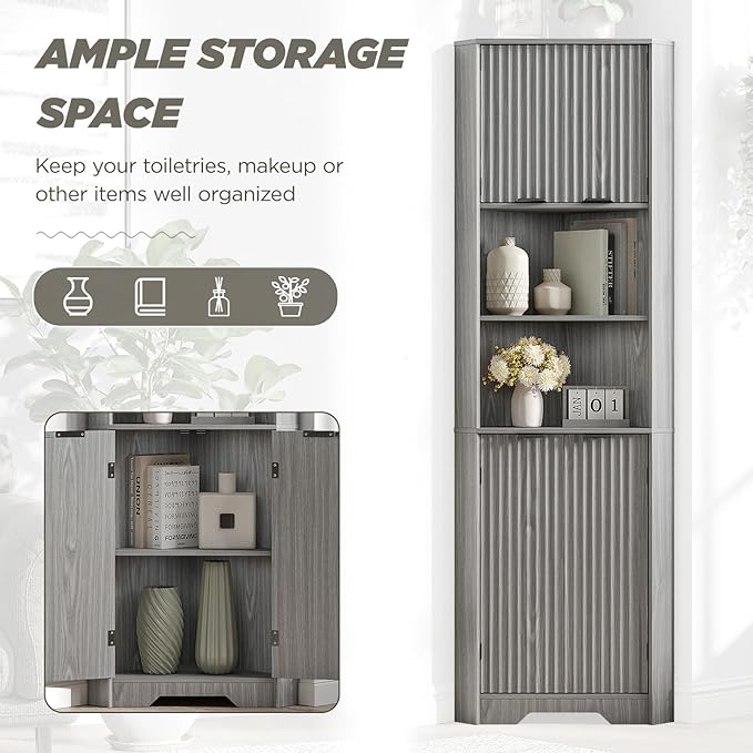 Fameill Tall Corner Cabinet with 2 Doors and 2 Open Storage Shelves, 68” Corner Storage Cabinet with Fluted Door Design, Home Space Saver for Living Room, Bathroom, Kitchen, Laundry, Grey