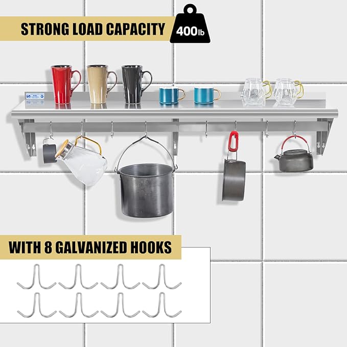 Hally Stainless Steel Shelf with 8 Hooks 14" x 60" Wall Mounted Pot Rack 400lb, NSF Commercial Floating Shelving for Storage Hanging Pots, Pans, cookware in Restaurant, Kitchen, Home and Hotel
